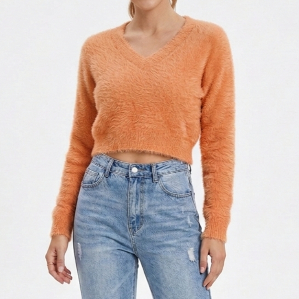 NEW Shein Orange Cropped Fuzzy Sweater Size M Cozy Colorful Knit Y2K Fall Casual - Picture 1 of 8